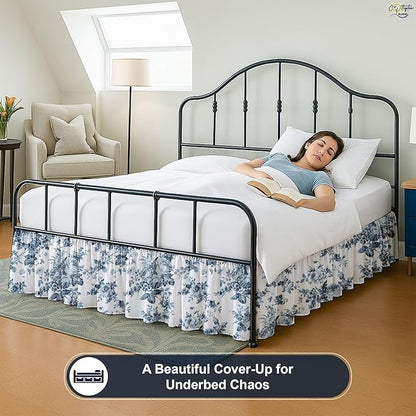 Cottington Lane Ruffled Bed Skirt King Size with Split Corner, Brushed Microfiber Hotel Quality Dust Ruffle, 16 Inch Drop Gathered Bedskirt, Soft, Stylish, Shrink & Fade Resistant, Blue Floral Bliss