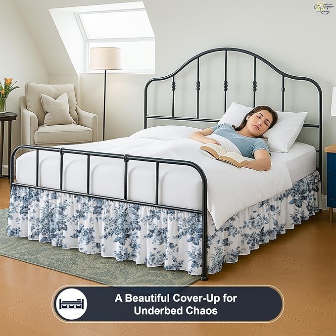 Cottington Lane Ruffled Bed Skirt Full Size with Split Corner, Brushed Microfiber Hotel Quality Dust Ruffle, 15 Inch Drop Gathered Bedskirt, Soft, Stylish, Shrink & Fade Resistant, Blue Floral Bliss