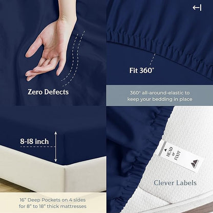 Mayfair Linen 500 Thread Count Twin XL Cotton Sheets - 3 PC Twin XL Size Bed Sheet Set Cotton (Navy Blue), Ultra Soft, Cooling, Sateen Weave Hotel-Quality 16" Deep Pocket Bedsheet (Fits 18" Mattress)