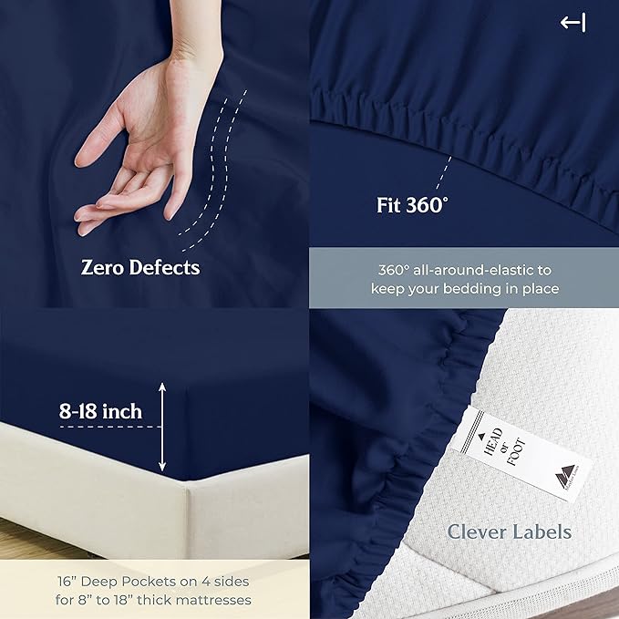 Mayfair Linen 500 Thread Count 100% Cotton Sheets King Size Bed Set - 4 PC King Bed Sheet Set Cotton (Navy Blue), Soft, Cooling, Sateen 16" Deep Pocket Bedsheet for Hot Sleepers (Fits 18" Mattress)