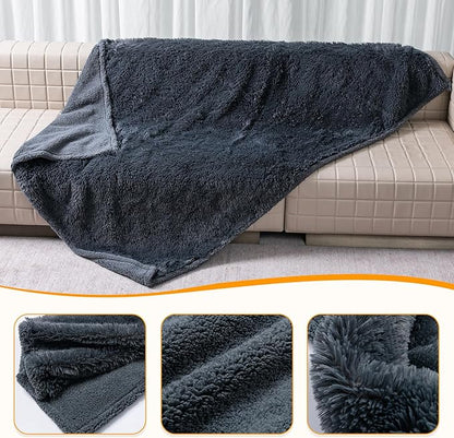 Calming Cat Blanket for Bed Couch Sofa Cover Grey Waterproof Dog Blankets for Large Dogs Washable Long Faux Fur Pet Throw Blanket for Puppy Reversible Furniture Protector, (Gray XL-85x57in)