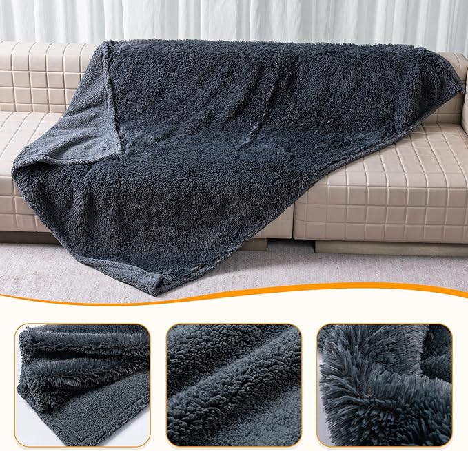 Waterproof Gray Pet Blanket for Dogs Fluffy Long Faux Fur Pets Throw Blankets for Large Dog Cat Puppy Couch Cover Love Bed Protector Mat Washable(Grey,L-65X57in)