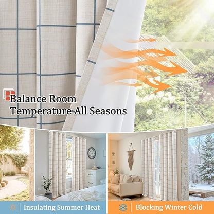 Navy Blue Linen Blackout Curtains for Living Room - Plaid Patterned Curtains 72 Inch Long, Boho Black Out Thermal Insulated Drapes for Bedroom Grommet Style 52x72 Inch 2 Panels