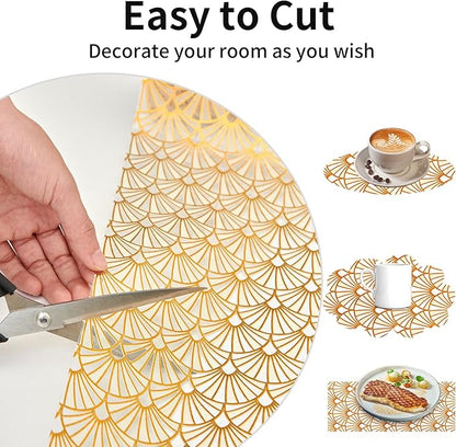 3D Drawer and Shelf Liner for Kitchen Cabinet: 12 in X 30 Ft Waterproof Shelf Paper Non Adhesive Refrigerator Liners Golden Ginkgo Leaf Easy Liners for Bathroom with Knife Tape Measure