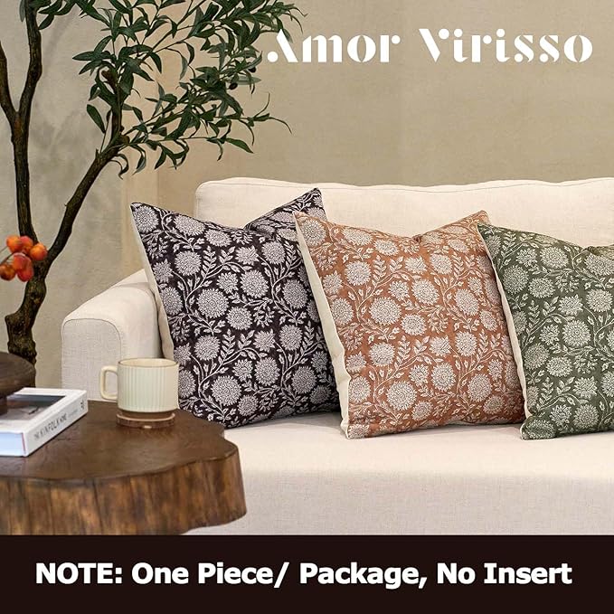 Amor Virisso Floral Throw Pillow Covers 18x18 Block Print Pillow Covers Vintage Neutral Couch Pillows for Living Room Farmhouse Decorative Accent Sofa Pillows, Black