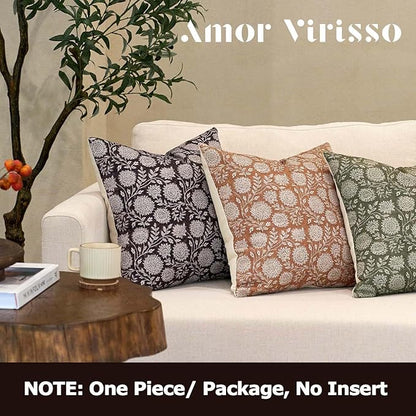 Amor Virisso Floral Throw Pillow Covers 18x18 Block Print Pillow Covers Vintage Neutral Couch Pillows for Living Room Farmhouse Decorative Accent Sofa Pillows, Black