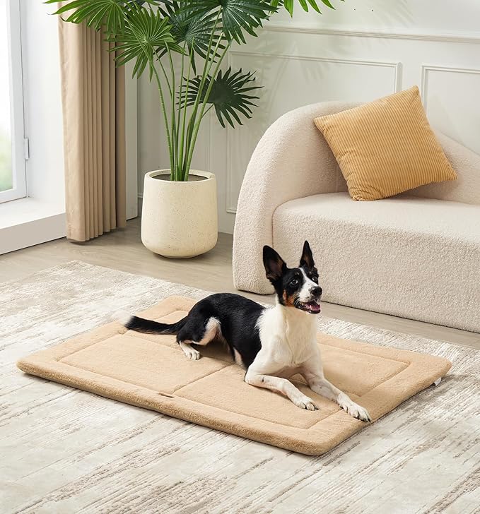 MADE 4 PETS Dog Crate Pad Bed for Large Dogs, Washable & Reversible, Anti-Slip Kennel Mat for Cozy Sleeping, Soft Fluffy Dog Bed for Indoor & Outdoor Use, 44"x32", Khaki
