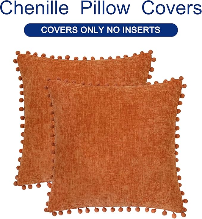 CaliTime Fall Throw Pillow Covers Decorative 16 X 16 Inches Pack of 2 Cozy Solid Dyed Soft Chenille Cushion Cases with Pom Poms for Couch Sofa Bed Living Room Home Burnt Orange