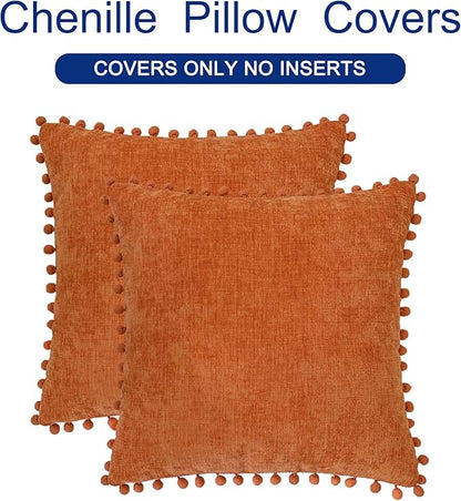 CaliTime Fall Throw Pillow Covers Decorative 18 X 18 Inches Pack of 2 Cozy Solid Dyed Soft Chenille Cushion Cases with Pom Poms for Couch Sofa Bed Living Room Home Burnt Orange