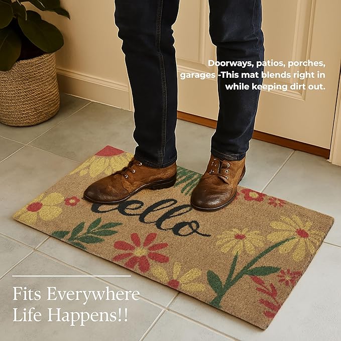 Coir Door Mats 17" X 30", Non-Slip Sturdy, PVC Backed Heavy Duty, Easy to Clean, Ideal for Door Entrance, Patio, Porch, Backyard, Garages, Vibrance of Flora - Hello