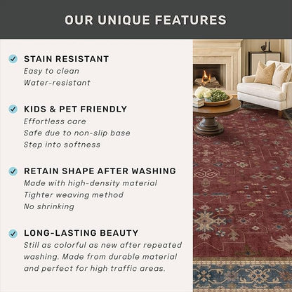 Dark Red 2'6''x8' Wide Hallway Runner Rug - Washable Kitchen Sink Rug, Non Slip 8ft Long Runner Rug for Entryway, Burgundy Turkish Floral Print Home Décor