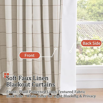 Brown Plaid Curtains Pattern Printed 90 Inches Long - Total Linen Blackout Curtains for Living Room, Boho Grommet Drapes for Farmhouse Thermal Drapery 52x90 Inch 2 Panels