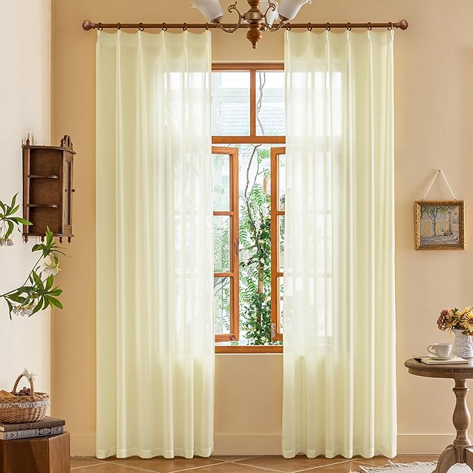 MAIHER 92 Inch Sheer Pleated Curtains for Bedroom Pinch Pleat Drapes with Hooks Light Filtering Farmhouse 92 Inches Long Curtains for Dining Room Patio Door, Beige, 42''W x 92" L, 2 Panels