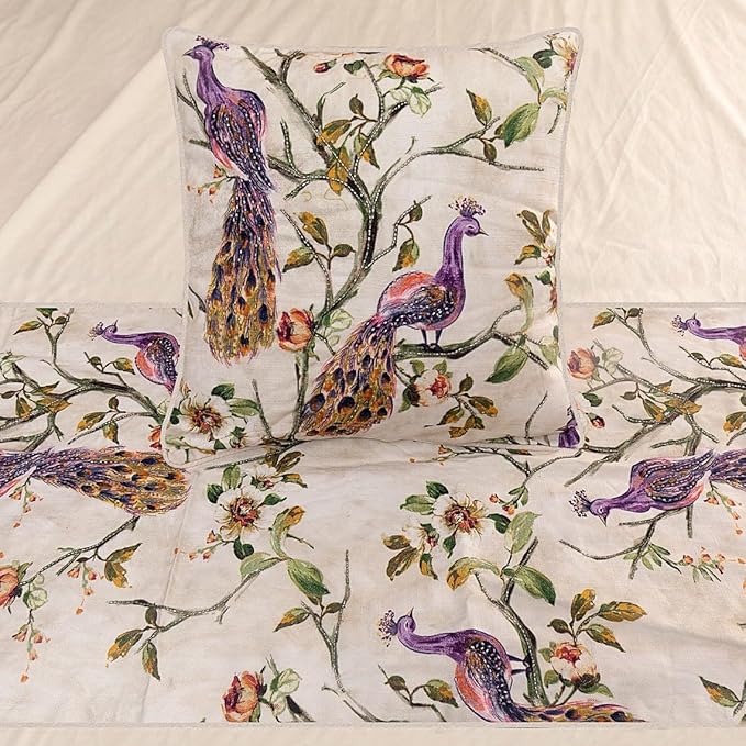 The HomeCentric King Queen Twin Ivory & Multicolor Decorative Twin 53"x18" Bed Runner with 2 Pillow Cover, Peacock Bed Scarf on Cotton Printed with Beads Fabric - Peacock Queen