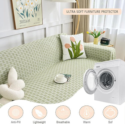 Green Couch Cover Blanket Cute Geometrical Jacquard Washable Sofa Cover for Extra Large Furniture for 3 Cushion Sofa L Shaped Sectional Couch Blanket 71"x 118"