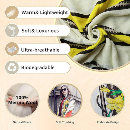 DANA XU 100% Merino Wool Extra Large Pashmina Blanket Travel Scarf Cashmere Wrap for Women Fall Winter Oversize Shawl Floral