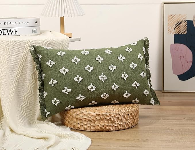 Boho Long Lumbar Pillow Cover 14x22 with Tassel,3D Flower Patterned Cotton Decorative Long Lumbar Pillow Cover Pillow Case for Sofa Couch Bed Livingroom Farmhouse,Sage Green