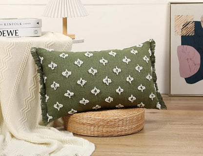 Boho Long Lumbar Pillow Cover 12x26 with Tassel,3D Flower Patterned Cotton Decorative Long Lumbar Pillow Cover Pillow Case for Sofa Couch Bed Livingroom Farmhouse,Sage Green