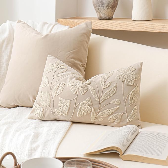 BlissBlush Light Beige Soft Velvet Decorative Accent Lumbar Throw Pillow Cover 12X20, Neutral Floral Tufted Soft Farmhouse Textured Pillowcase, Accent Pillowcase for Couch Sofa Bed Living Room