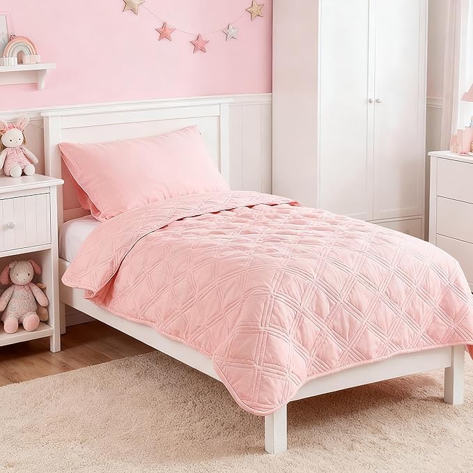 4 Piece Toddler Bedding Set for Girls Pink Geometric Stitched Soft Microfiber Crib Bed Sheets Set Lightweight Quilted Comforter Set for Baby | Include Comforter, Flat Sheet, Fitted Sheet, Pillowcase