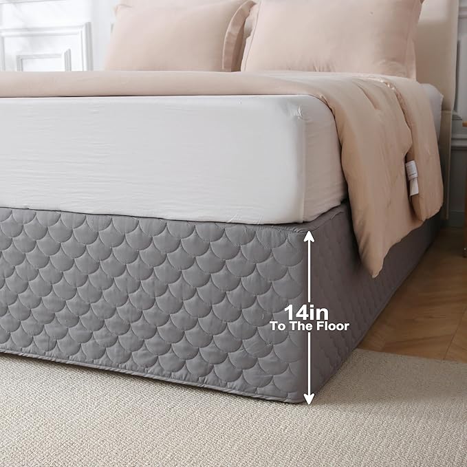 King Size Gray Bed Skirt with 14-Inch Drop, Easy Fit Wrap-Around Cover for Bed, Wrinkle-Free and Fade-Resistant Box Spring Cover. (Gray Seashells, King)