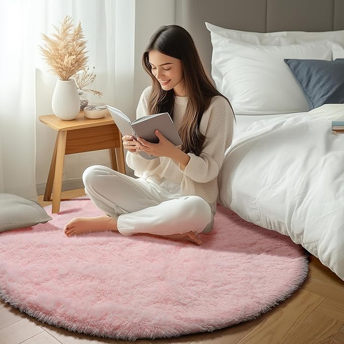 ONASAR Light Pink Round Area Rugs 4ft for Bedroom Living Room, Washable Fluffy Circle Rug for Kids Girls Boys Teen, Soft Plush Shaggy Carpet for Nursery Dorm Classroom Playroom Home Decor Aesthetic