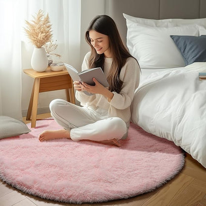 ONASAR Light Pink Round Area Rugs 2ft for Bedroom Living Room, Fluffy Cat Dog Bed Mat, Washable Circle Rug for Kids Girls Boys Teen, Soft Plush Shaggy Carpet for Nursery Dorm Home Decor Aesthetic