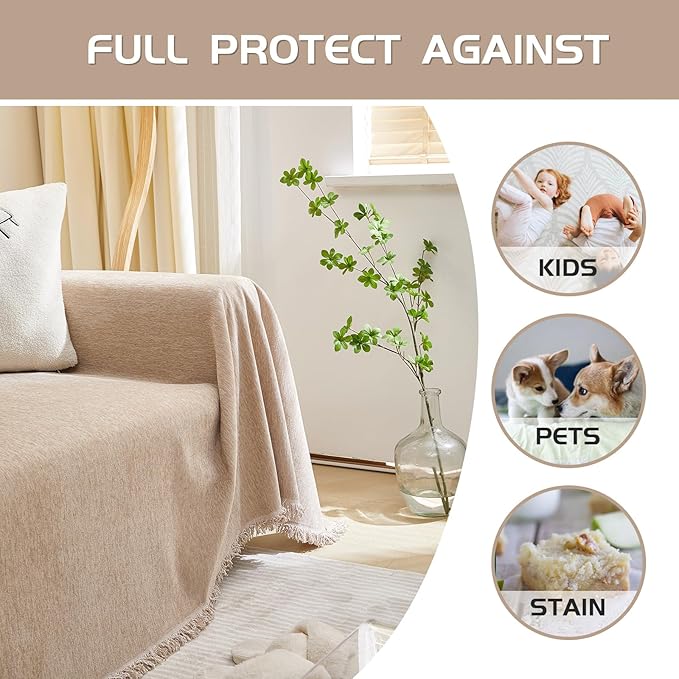 MEETSKY Couch Covers for 3 Cushion Couch Sofa Furniture Covers Pet Sofa Covers for Living Room Washable Sectional Couch Covers for Dogs Couch Protector, 91" x 134", Khaki