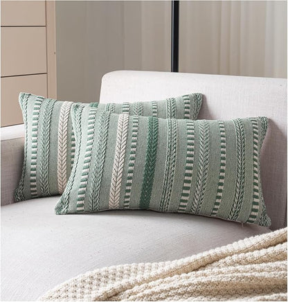 Boho Throw Pillow Covers 12x20 Inch Set of 2, Farmhouse Decorative Couch Pillow Cases, Light Green Accent Pillows of Bed, Sofa Bedroom Living Room Home Decor Cushion Cover
