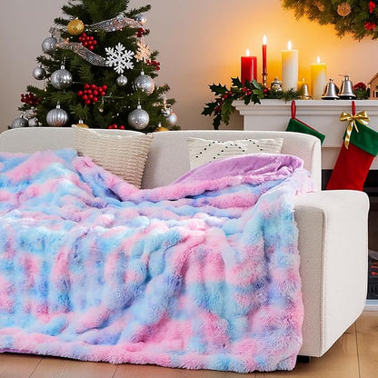 Lotus Karen Faux Fur Throw Blanket Tie-Dye Purple Rainbow - Big Bubble Rabbit Fluff Blanket for Couch, Large Fluffy Fuzzy Cozy Blanket,Thick Furry Plush Shaggy Blankets,90x90 Inches