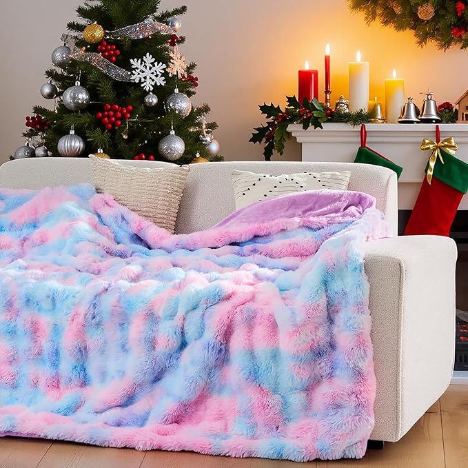 Lotus Karen Faux Fur Throw Blanket Tie-Dye Purple Rainbow - Big Bubble Rabbit Fluff Blanket for Couch, Small Fluffy Fuzzy Cozy Blanket,Thick Furry Plush Shaggy Blankets,60x80 Inches