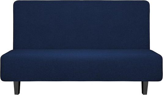 Easy-Going Stretch Futon Slipcover Armless Futon Bed Cover Furniture Protector Without Armrests with Elastic Bottom for Kids, Soft Jacquard Fabric Small Checks (Medium, Navy)