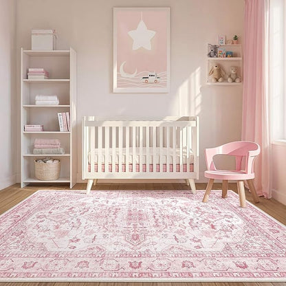 Pink Rugs for Bedroom Girls: 8x10 Washable Boho Large Neutral Cute Soft Area Rug Stain Resistant Floral Farmhouse Non Slip Indoor Floor Carpet for Living Room Nursery Kids Playroom Preppy Room Dorm