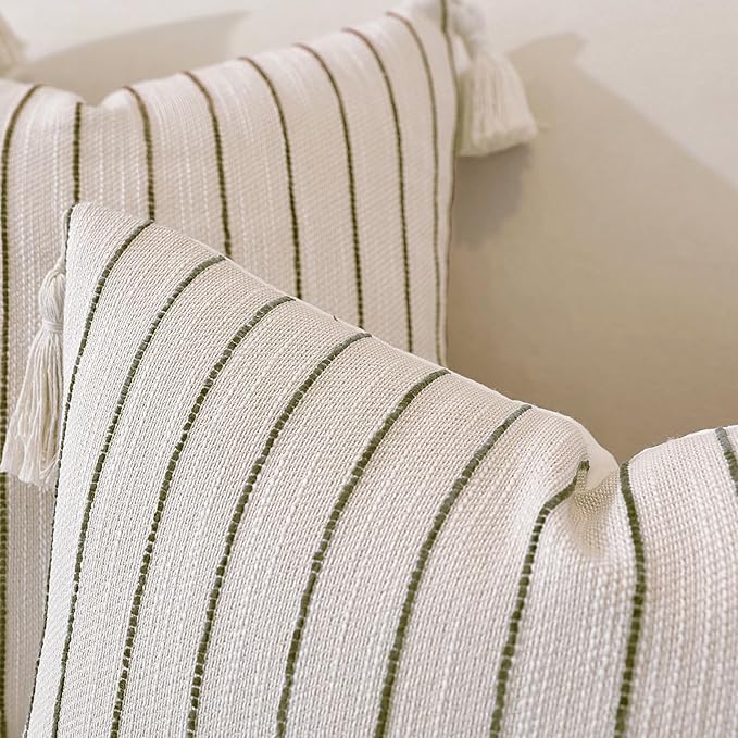 Boho Throw Pillow Covers 18x18 Inch Set of 2, Textured Linen Striped Square Pillow Covers with Tassels, Soft & Cozy Farmhouse Décor Pillow Cases for Sofa Couch Bed Living Room, Green