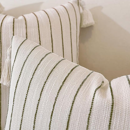 Boho Throw Pillow Covers 20x20 Inch Set of 2, Textured Linen Striped Square Pillow Covers with Tassels, Soft & Cozy Farmhouse Décor Pillow Cases for Sofa Couch Bed Living Room Thanksgiving, Green