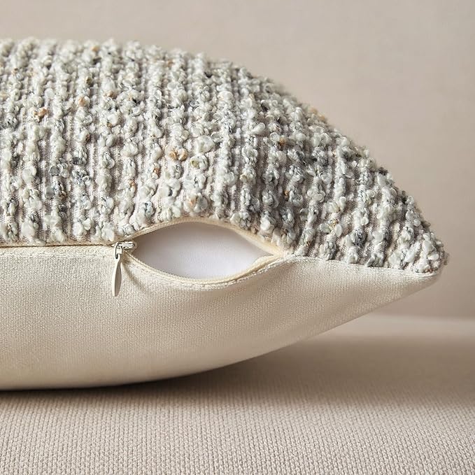 Decorative Couch Throw Pillow Covers 20x20 Set of 2 Cream Gray Striped Soft Wool Pillow Covers Neutral Textured Boho Cushion Covers for Modern Farmhouse Sofa Bedroom Living Room Decor SY012-B20