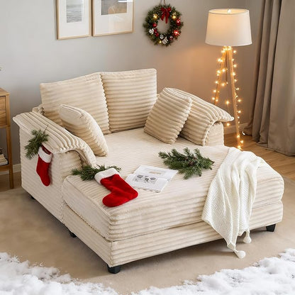 VINGLI 56" Oversized Chaise Lounge Chair, Beige Comfy Corduroy Chaise Sofa Recliner Bed Upholstered Sleeper Couch Bed with Throw Pillows and Armrests for Living Room, Movie Room, Bedroom