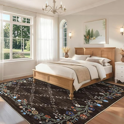 Garveehome 4x6 Washable Floral Area Rugs for Living Room: Modern Floral Non Slip Large Area Rugs for Bedroom, Large Machine Washable Living Room Low Pile Carpet with Non-Slip Backing Brown 4 ft x6 ft.