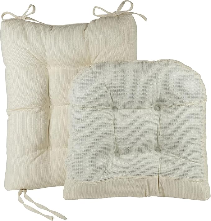 Klear Vu Omega Non-Slip Rocking Chair Cushion, Assembled in USA, Thick Tufted Design, Includes Seat Pad & Back Pillow with Ties, 17x17 Inches, 2-Piece Set, Solid Ivory