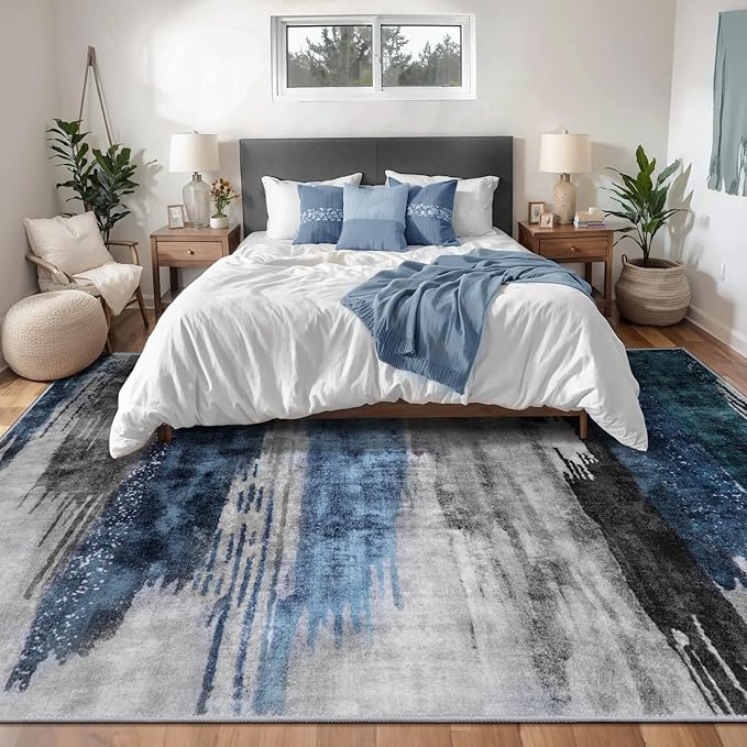 Ciicool Modern Abstract Deep Blue Gray Rug for Living Room, 9'x12' Machine Washable Area Rug Non-Slip Rug, Low-Pile Contemporary Indoor Dining Floor Carpet for Bedroom Office Under Table Home Decor