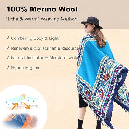 DANA XU 100% Merino Wool Pashmina Shawl for Women 96"x43", Oversized Cashmere Wrap with Tassels, Floral Travel Blanket Cape