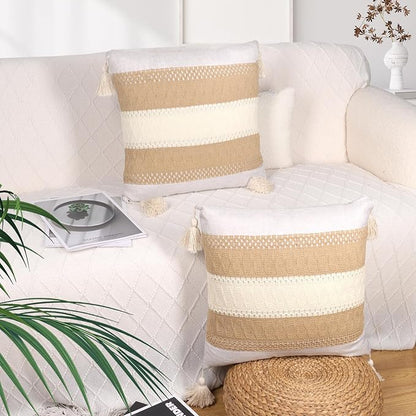 Boho Throw Pillow Covers 18x18in Set of 2,Beige Neutral Pillow Case with Tassel for Large Couch Sofa Room Home Indoor Outdoor Holiday Decorations