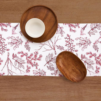Solino Home 100% Pure Linen Christmas Table Runner 132 Inches Long - Red/White Table Runner 14 x 132 Inch - Handcrafted and Machine Washable - Winter Forest Print