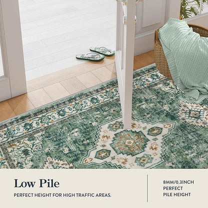 Lahome Oriental Machine Washable Rug, 3x5 Soft Green Rugs for Entryway Dorm, Non Slip Distressed Vintage Throw Carpet for Bedroom Living Room Entrance, Green/Multi