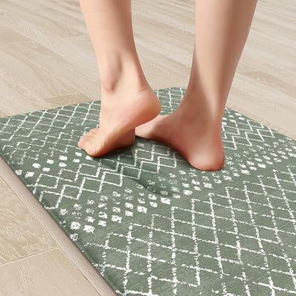 KIMODE Anti Fatigue Kitchen Mats for Floor, Boho Kitchen Rugs Sets of 2, Cushioned Kitchen Floor Mats, Comfort Standing Mat for Sink Laundry Office Desk Green 17"x59"+17"x29"