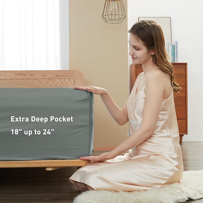 Sunflower Queen Fitted Sheet, 1-Piece Extra Deep Pocket Fitted Bottom Sheet 22", 100% Cotton Sateen Soft Breathable, Ultimate Gray