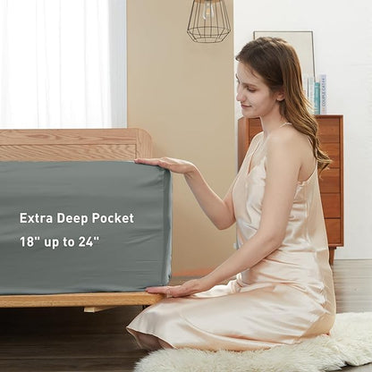 Sunflower Queen Fitted Sheet, 1-Piece Extra Deep Pocket Fitted Bottom Sheet 22", 100% Cotton Sateen Soft Breathable, Ultimate Gray