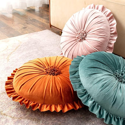 S SSOY Velvet Ruffle Pillow - Round, Plush, Home Decor for Sofa, Chair, Bed, Window, Floor - 13.7in
