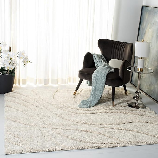 SAFAVIEH Florida Shag Collection Area Rug - 10' Square, Creme & Creme, Non-Shedding & Easy Care, 1.2-inch Thick Ideal for High Traffic Areas in Living Room, Bedroom (SG471-1111)