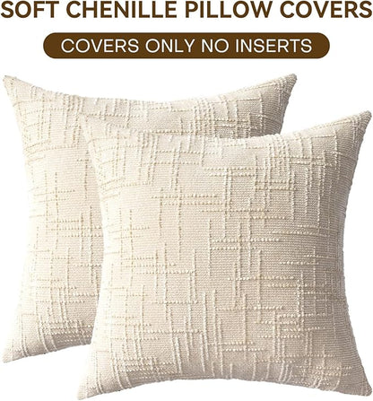 Decorative Throw Pillow Covers 18x18 Inch Set of 2, Soft Solid Farmhouse Chenille Couch Pillows, Spring Pillow Covers for Couch Sofa Bed Living Room Home Decor Pillowcase, Cream White